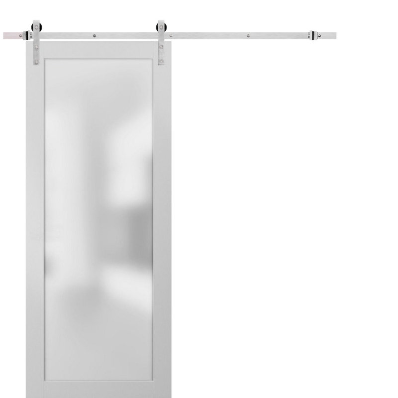 Sturdy Barn Door Frosted Tempered Glass | Planum 2102 | 6.6FT Silver Rail Hangers Heavy Hardware Set | Modern Solid Panel Interior Doors-Silver Rail