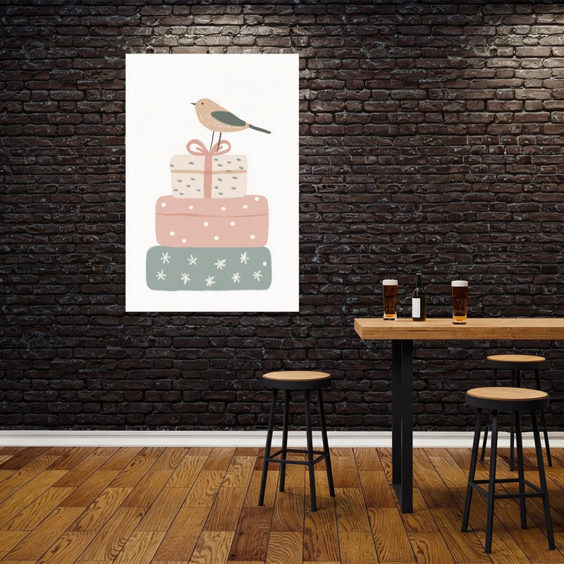 Festive Bird Presents Minimalist Modern Whimsical Bird Winter Landscape Wall Art Print by Mathieu - Wrapped Canvas Print