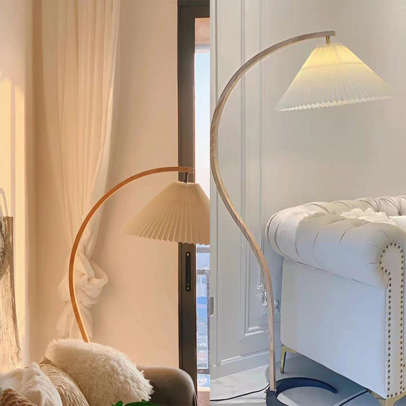 Arched Floor Lamp, Mid-Century Modern Curved Wood Tall Standing Light With Pleated Fabric Shade For Living Room & Bedroom