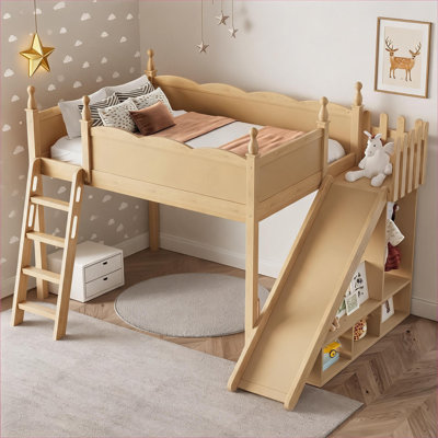 Lit plateforme double avec rangement pleine grandeur, fabrication en bois naturel organique avec glissière amovible et garde-robe à tablettes intégrées
