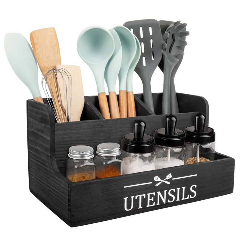 Très grand porte-ustensiles de cuisine 4 compartiments, organisateur d'ustensiles en bois pour comptoir de cuisine, porte-ustensiles de cuisine de ferme avec espace de rangement pour épices (noir)