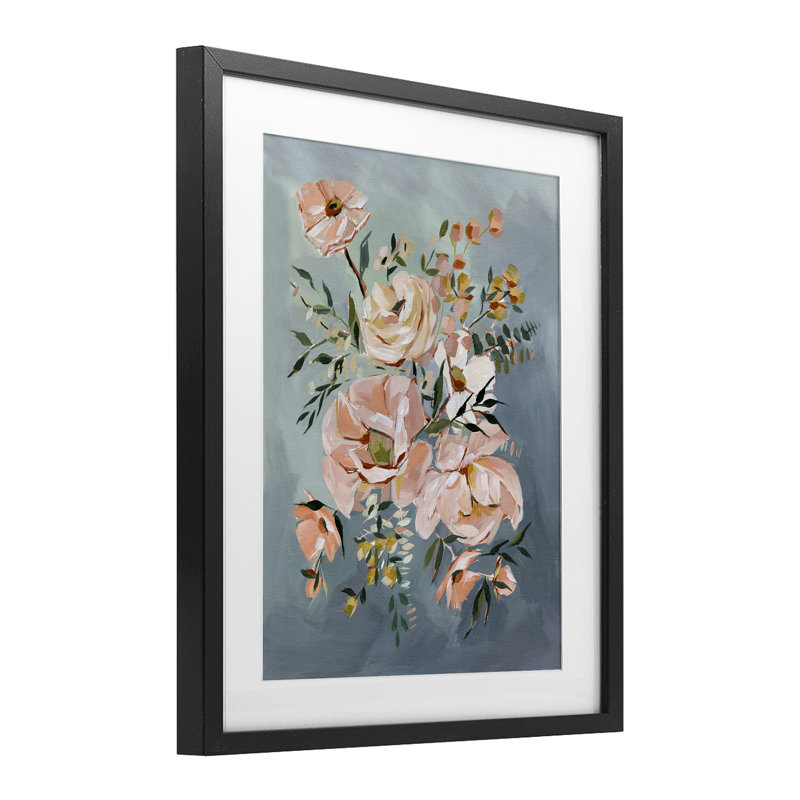 «Brushed Roses on Blue», impression par Annie Quigley, H 21 po x l 17 po, Cadre noir minuit