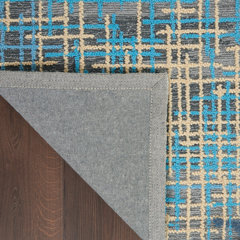 Tapis bleu moderne fait à la main, Rectangle 8 pi 6 po x 11 pi 6 po