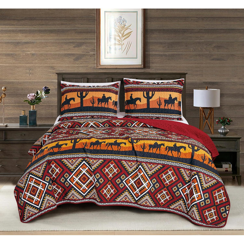 Rodeo Sunset Cowboys Microfiber Quilt Set, Queen Quilt + 2 Standard Shams