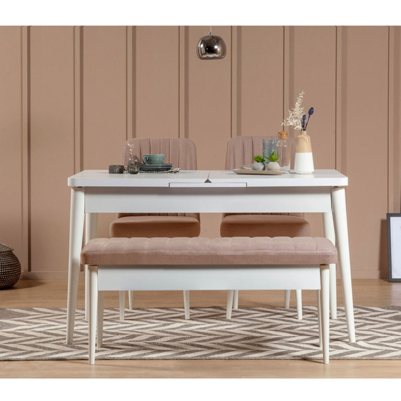 Elegant Extendable Dining Table & Chairs Set (4 Pieces), White & Stone, 51 x 30.3 x 31.5 inches | 100% Melamine Coated Particle Board & 100% Velvet | Features Hornbeam Legs, Modern Design, Perfect for Any Dining Space