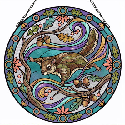 Squirrel Acorn Stained Glass Window Panel，12"H