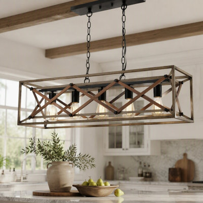 37 Inch Wood Farmhouse Rustic Rectangular Chandelier, 5 Light Black Linear Industrial Hanging Pendant for Kitchen Island Dining Room Height Adjustable E26 Base
