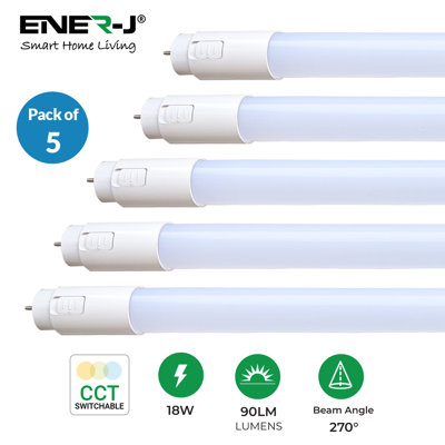 ENER J 5 Pack T8 LED Tube 120cm 18W CCT Switchable Colour Temperature
