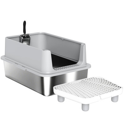 Large Capacity Stainless Steel Cat Litter Box For Multi - Groups, High Walls And Included , Silver Xl Size Box, Mess Reducing Filter Pedal, Comes With Suitable Multiple Cats,