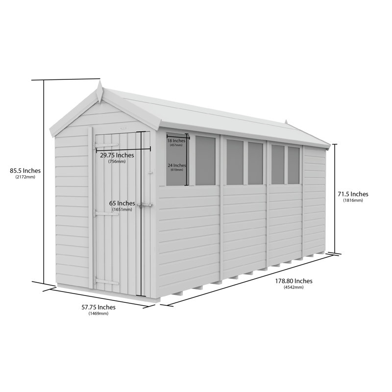 5ft x 15ft Apex Shed - Single Door without Windows