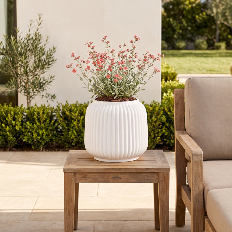 Galilee Cannelure White Ribbed Ceramic Cachepot Large, 9.75" H x 10.25" W x 10.25" D