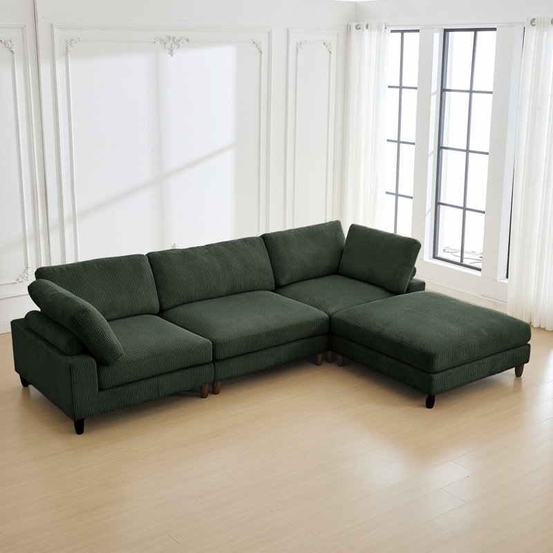 Canapé 4 pièces avec repose-pieds, Velours côtelé vert