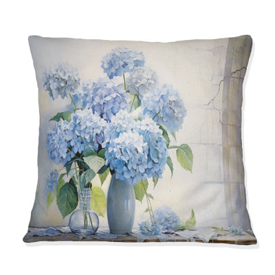 Blue Hydrangea Farmhouse Still Life - Hydrangea Printed Throw Pillow