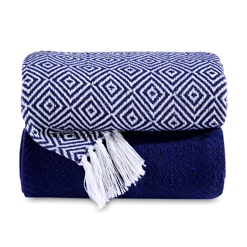 Hand Woven Throw Blanket, Navy, Geometric/Solid Colour