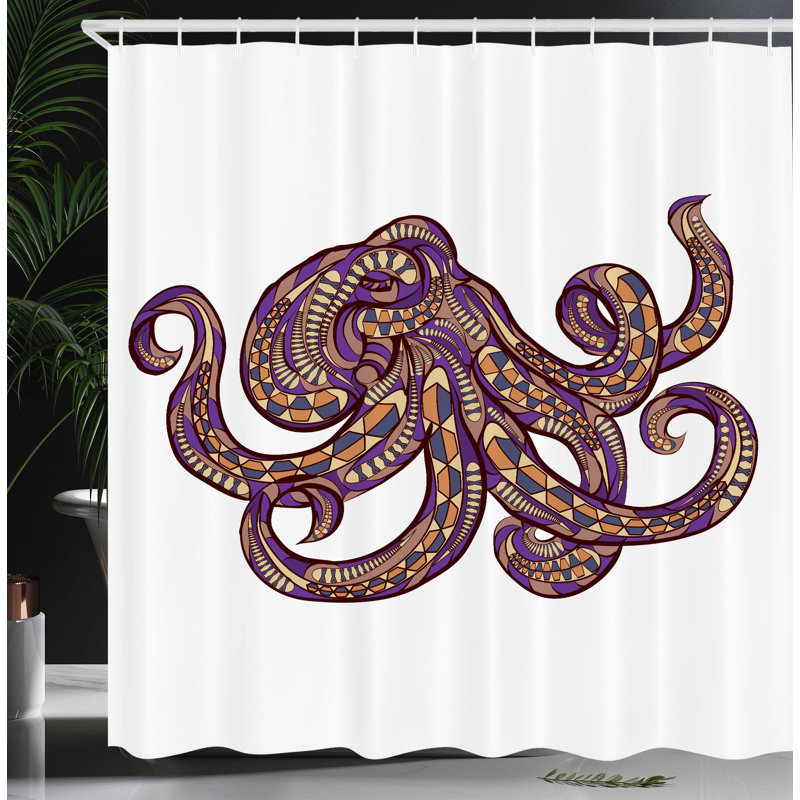 Motif de rideau de douche Dakota Fields Octopus - Moutarde mauve, H 84 po x l 69 po