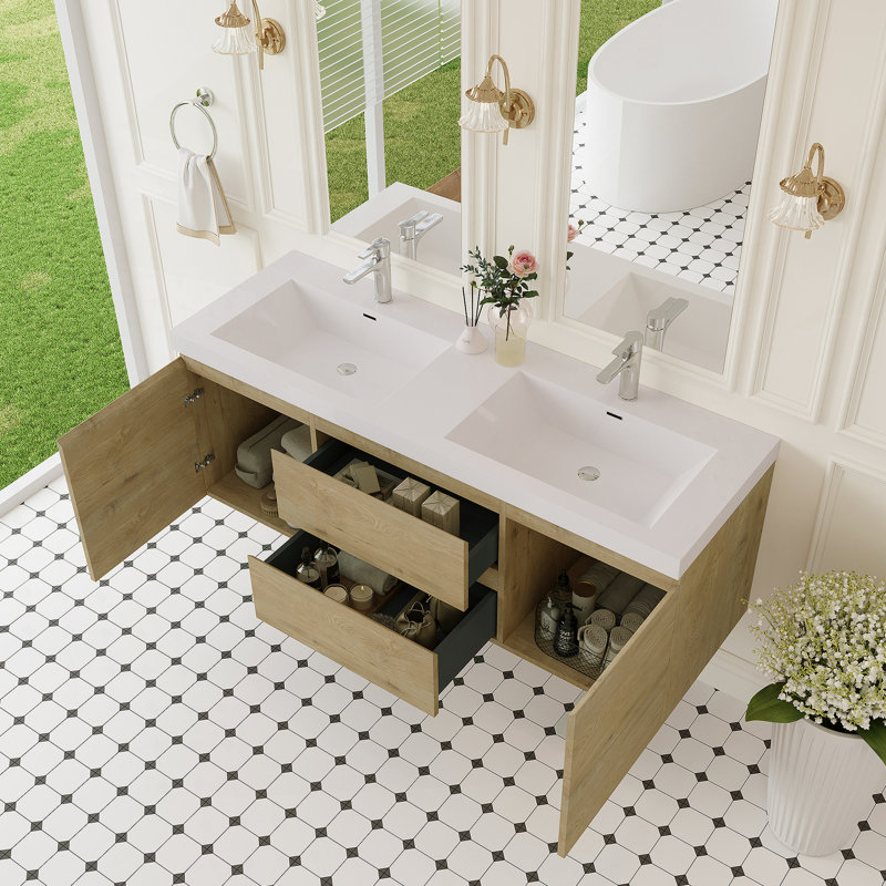 Meuble-lavabo mural 60 po avec lavabo, meuble-lavabo mural 60 po avec lavabo double en résine et tiroirs à fermeture en douceur, chêne naturel 24V11-60DNO