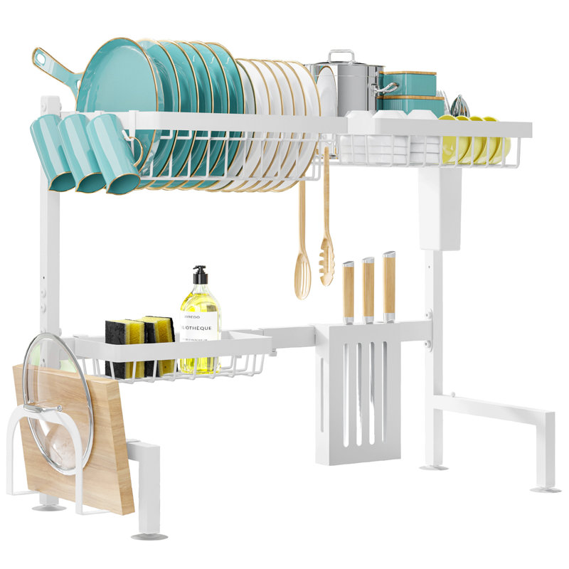 Over The Sink Dish Drying Rack - Adjustable 2 Tier Large Capacity Stainless Steel Drainer with Cutlery & Utensil Holders, Kitchen Storage & Organization, 30"-33.9" L x 11" W x 21.5" H, White
