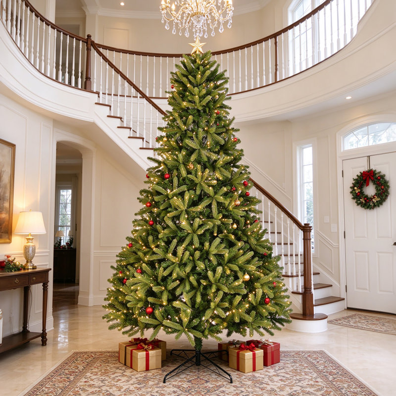 9ft Unlit Premium Spruce Christmas Tree, 2576 PE/PVC Mixed Branch Tips, Hinged Full-Body Artificial Pine with Foldable Metal Stand