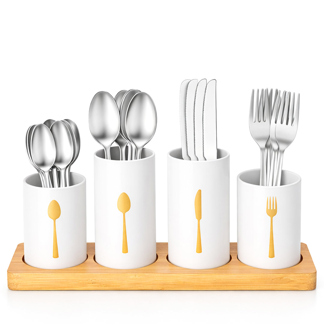 Innoteck Bamboo 4 Piece Cutlery Holder Set - White - Image 3