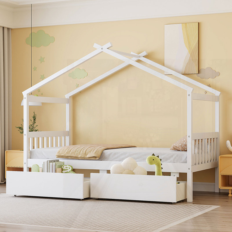 Wooden House Bed With Drawers, Twin, White