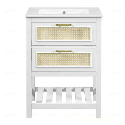 Meuble-lavabo avec lavabo intégré en céramique, meuble-lavabo avec 1 tiroir profond, 1 tiroir basculant, meuble-lavabo simple pour salle de bain de petite et moyenne taille