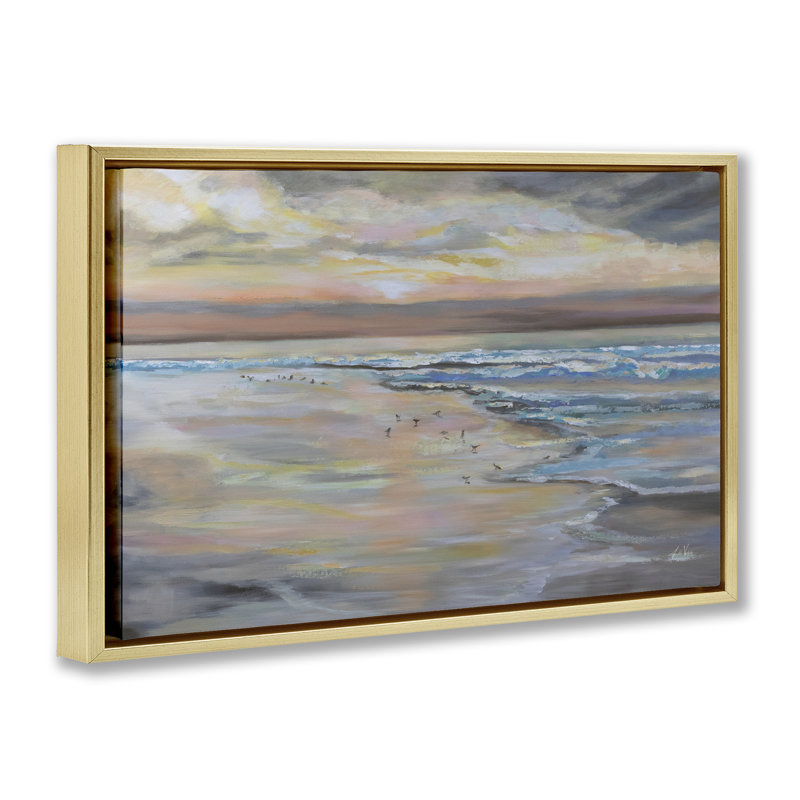 Morning Run Beach View Floating Frame, design by Jeanette Vertentes, 17" H x 25" W, Metallic Gold Floater Frame