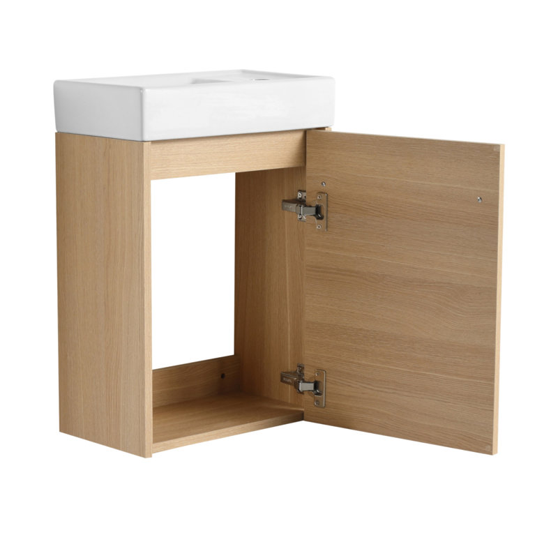 Meuble-lavabo mural flottant de 16 pouces avec lavabo en céramique et armoire à fermeture en douceur, parfait pour les petites salles de bain