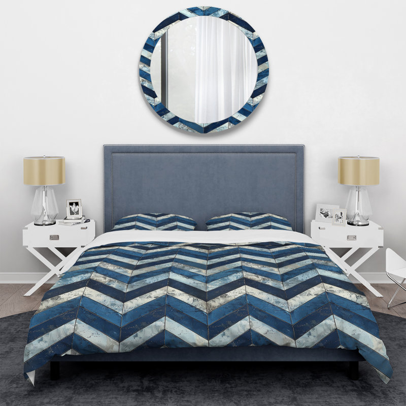 Blue Silver Chevron Print II - Modern Duvet Cover Set, King Duvet Cover + 2 King Shams