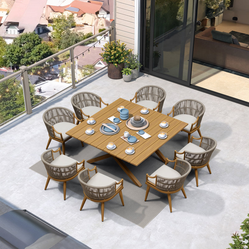 Ensemble de salle à manger de patio en osier avec table rectangulaire en aluminium et chaises à accoudoirs modernes PURPLE LEAF