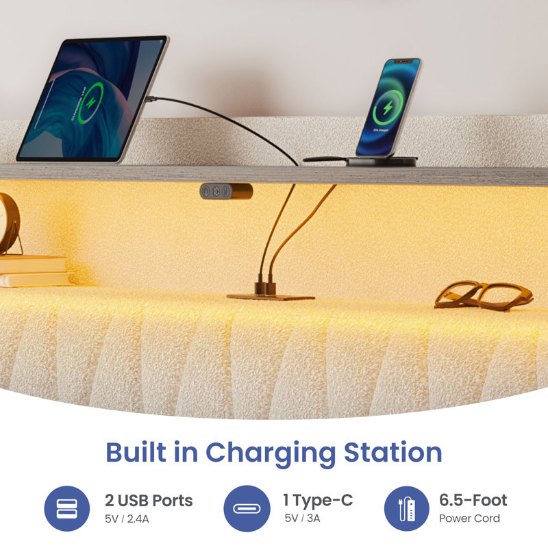 Bed Frame with RGB LED Lights, Upholstered Bed with Drawers and Charging Station, Beige, Full/Double