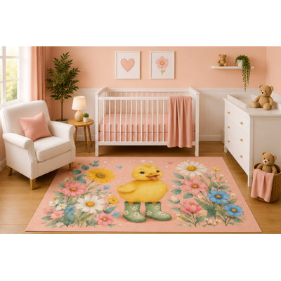 Tapis de chambre de bébé canard en bottes de pluie aquarelle 5 pi x 7 pi, tapis de décoration de salle de jeux pour enfants, jardin printanier floral, envers en silicone antidérapant
