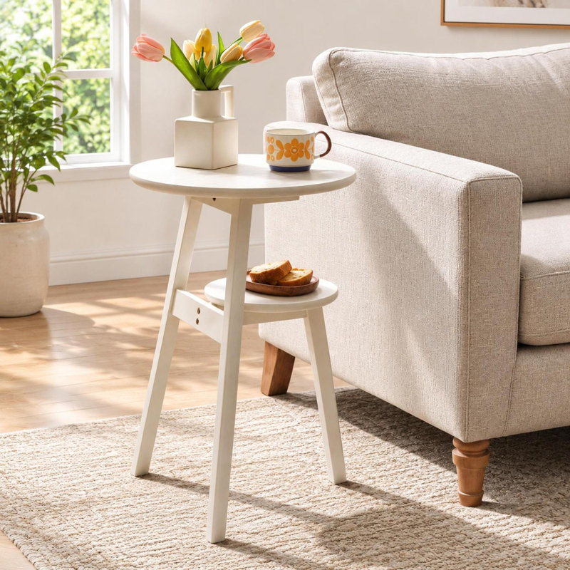 Table d'appoint ronde à 2 niveaux en bois massif avec tablette inférieure, Blanc