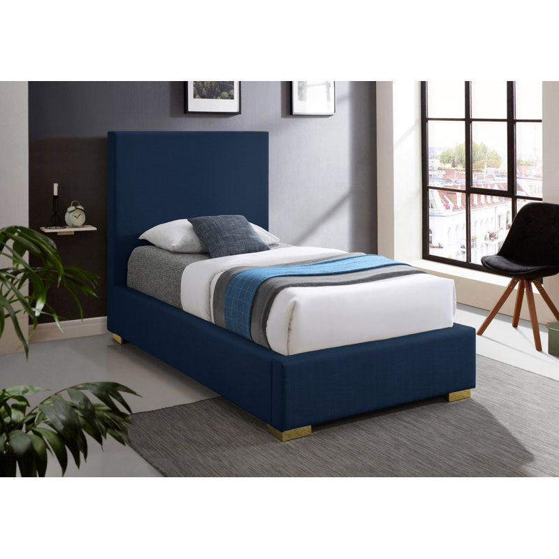 Crosby Solid Wood and Upholstered Platform Bed, Navy Linen Textured Fabric, Twin