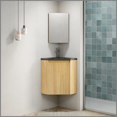 Wall-Mounted Floating Bathroom Vanity with Triangular Resin Sink, Corner-Friendly Design, and Durable Plywood Cabinet