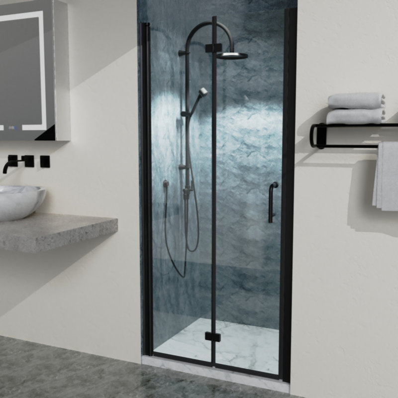 34 à 35 3/8 po X P 72 po H Portes de douche pliantes sans cadre en noir mat avec verre transparent