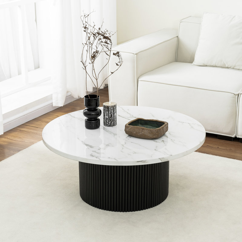 36" Marbled Wood Round Coffee Table, Black
