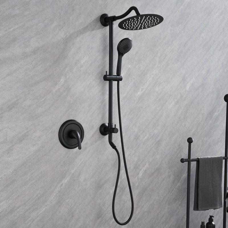 10" Wall Mounted Solid Brass Rain Shower System Set with Pressure Balanced Valve, Matte Black