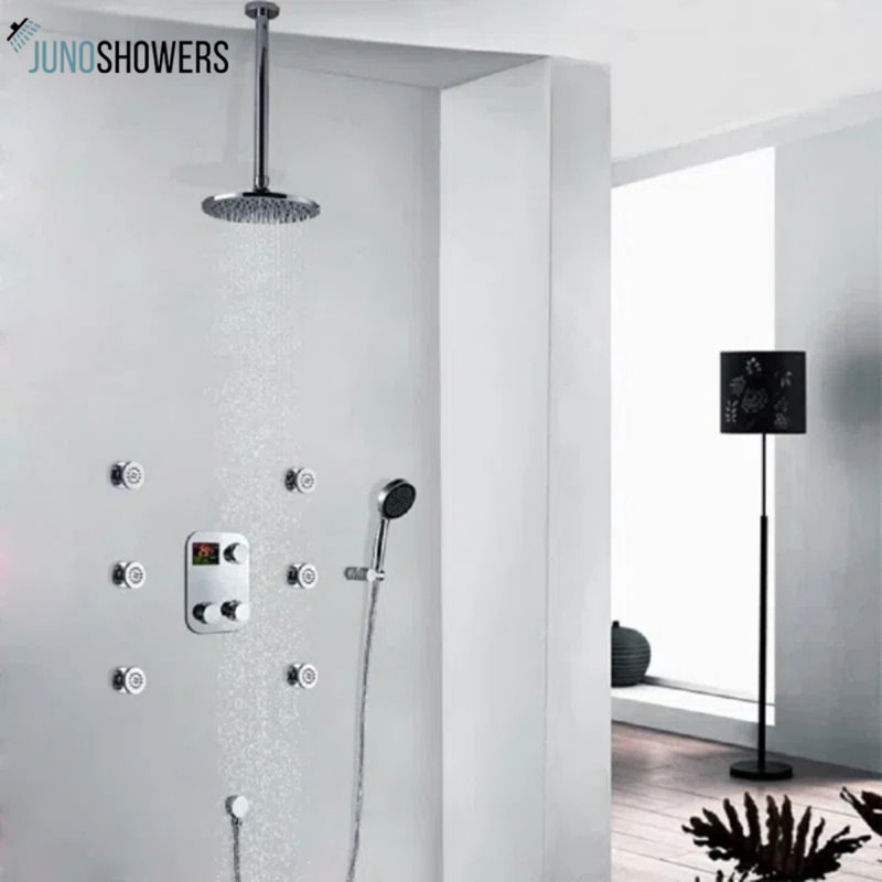 Juno 20" Thermostatic Digital Brass Chrome Ceiling Mount Shower Head System and Hand Shower
