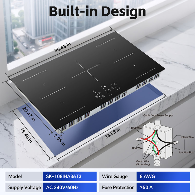 36 Inch Electric Induction Cooktop 5 Burners, 10800W Built-In Induction Stove Top With Double Bridge Function, Booster, Timer, Child Lock, Sensor Touch Control, No Plug