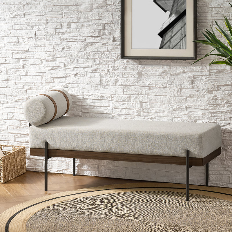 Banc industriel Michalak de 122 cm de long avec coussin et structure en bois massif, Ivoire ivoire