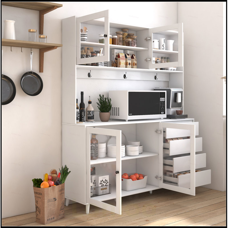 Large Kitchen Hutch Cabinet with 4 Doors, 4 Drawers, and Microwave Shelf for Enhanced Storage and Organization, White