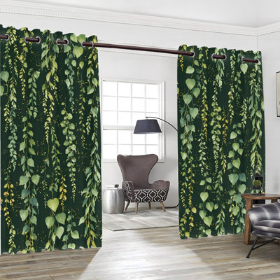 2PCS Grommet Top Botanical Leaf Printed Polyester Curtain Drapes, Thermal Insulated Heat Blocking Noise Reducing Blackout Room Darkening Curtains with Privacy Protection, Indoor Window Decor for Bedroom Living Room Kitchen