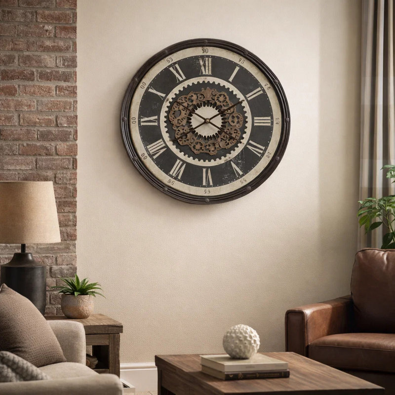 Wall Clock, Gear Face Design, White And Dark Brown Frame, 30 Inch