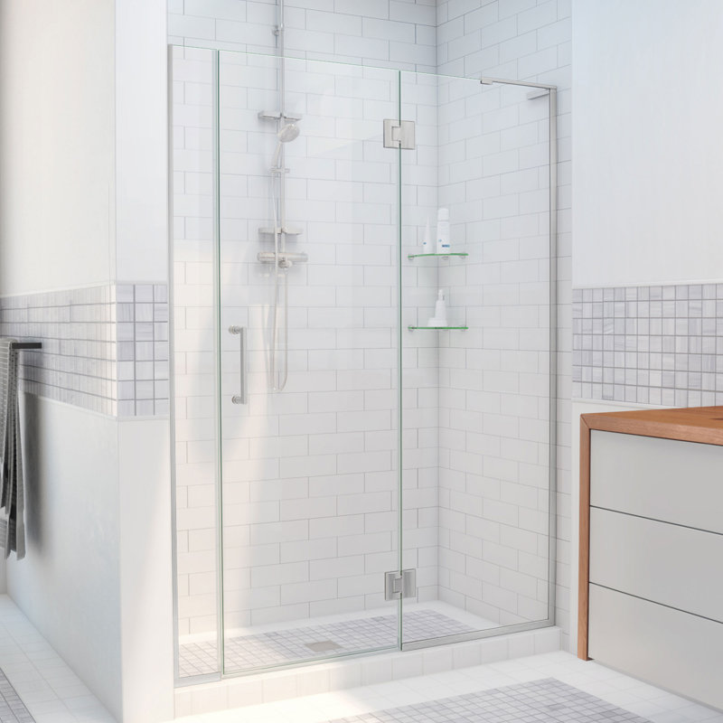 DreamLine Unidoor-X 58 - 58.5 inch W x 72 inch H Frameless Hinged Shower Door in Brushed Nickel - Left Wall Installation