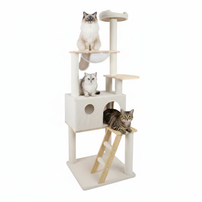 Wooden Cat Tree Featuring a Spacious Condo, a Wooden Ladder, and a Transparent Spacecraft-Style Hideout, 165 cm Tall