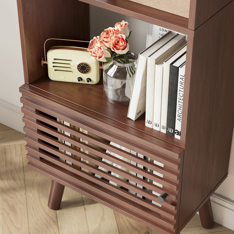 Open Shelf Cube Bookcase, 70" Tall Freestanding Bookshelf, Slatted Door Narrow Corner Bookcase With 5 Cubes, Mid-century Modern Display Storage Cabinet For Living Room, Home Office, Walnut