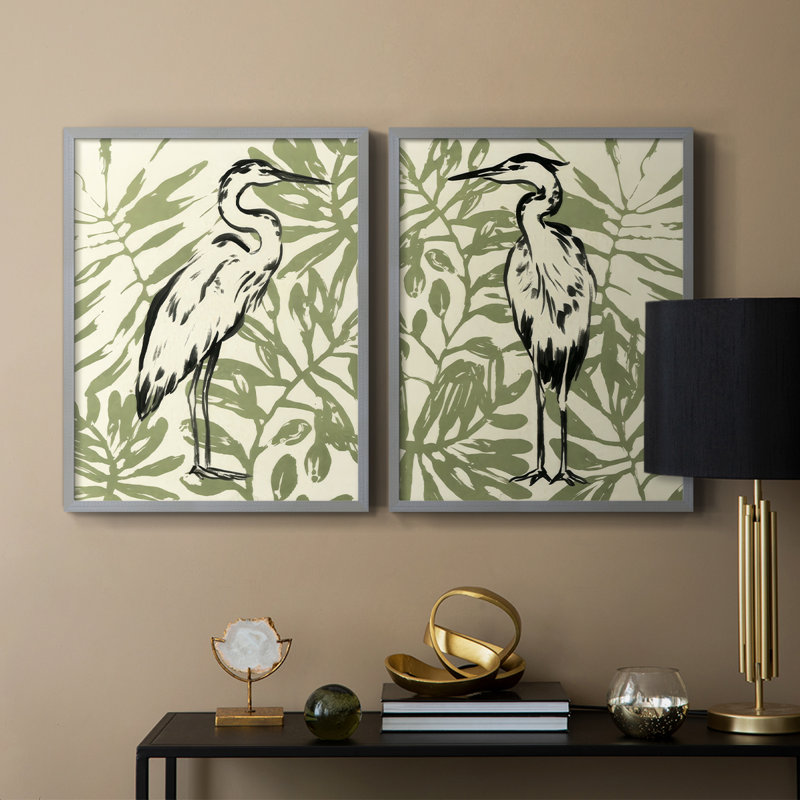 «Retro Parlor Heron I», reproduction encadrée de qualité supérieure - prête à être accrochée - aucun clou requis - aucun clou requis