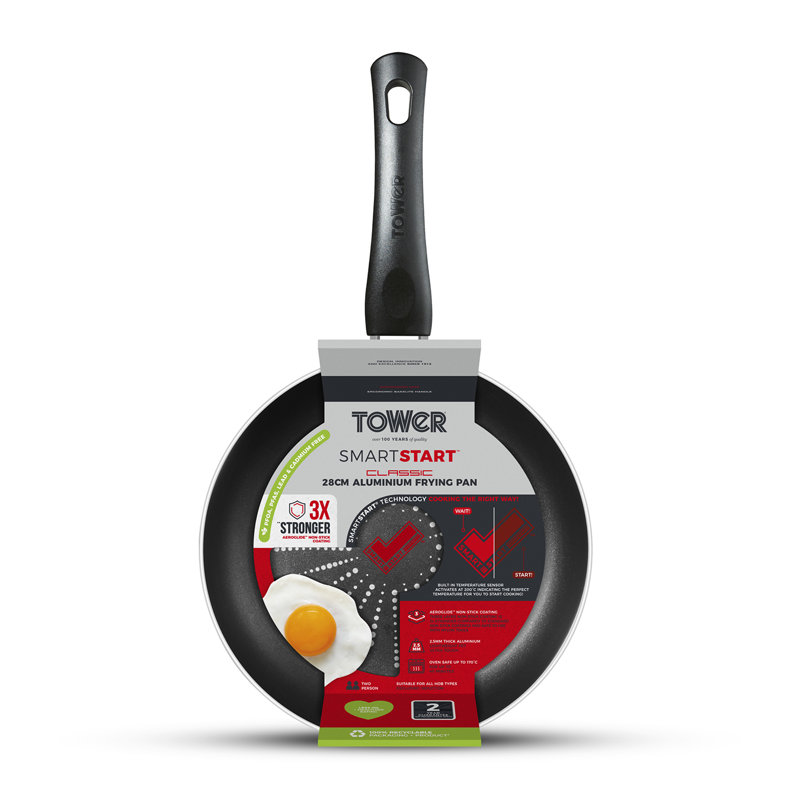 Tower SmartStart Classic Aluminium Frying Pan with Easy Clean Aeroglide Non-Stick, Oven Safe, Long Lasting, PFOA Free, Black