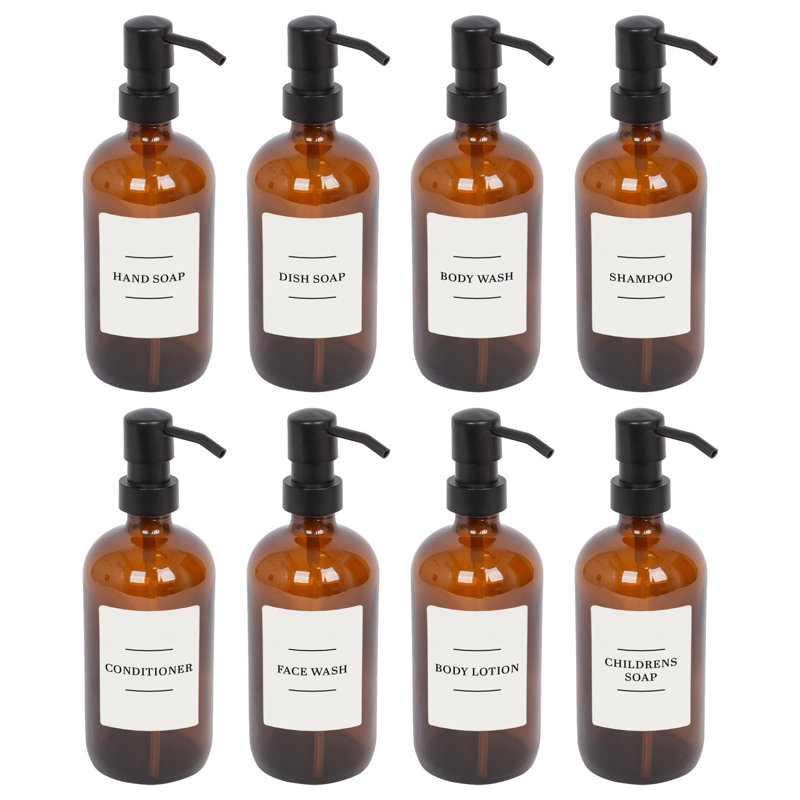 Glass Soap Dispensers with Labels - 500ml, Amber/White