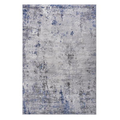 Tapis 8 x 10, argent / bleu / abstrait, ne perdant pas ses taches et rehaussant la cuisine, la chambre à coucher et le salon, idéal pour la chambre de bébé, le dortoir, le bureau,